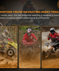 Three ATVs tackling rugged trails, showcasing Beefed Up Rear Differential Replacement For Honda Rancher 420 TRX420 And Foreman Rubicon 500 TRX500 TRX520 ATVs Fits 2015 To 2022 Rancher 420 And 2015 To 2020 Foreman Rubicon 500 Replaces 41300 HR6 A60 And 41300 HR6 B00 performance.