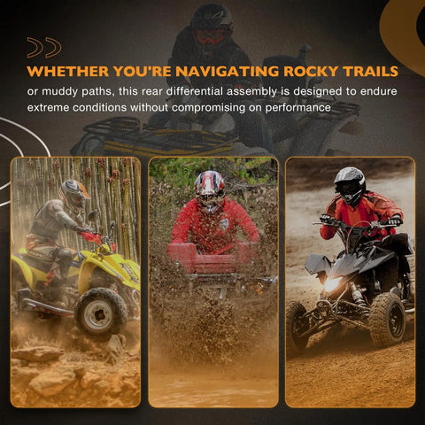 Three ATVs tackling rugged trails, showcasing Beefed Up Rear Differential Replacement For Honda Rancher 420 TRX420 And Foreman Rubicon 500 TRX500 TRX520 ATVs Fits 2015 To 2022 Rancher 420 And 2015 To 2020 Foreman Rubicon 500 Replaces 41300 HR6 A60 And 41300 HR6 B00 performance.