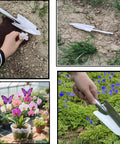 Stainless Steel Garden Trowel And Hand Shovel With Pro Grade Measurement Marks in use for planting and weeding in garden soil.