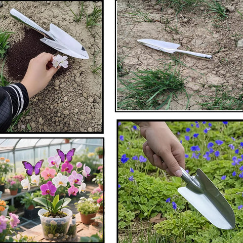 Stainless Steel Garden Trowel And Hand Shovel With Pro Grade Measurement Marks in use for planting and weeding in garden soil.