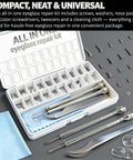 All In One Eyeglass Repair Kit You Can Grab And Go With 18 Screw Sizes, 1.4mm Precision Screwdrivers, Tweezers, Nose Pads And Cleaning Cloth For All Eyewear Types shown with tools in open case.
