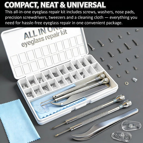All In One Eyeglass Repair Kit You Can Grab And Go With 18 Screw Sizes, 1.4mm Precision Screwdrivers, Tweezers, Nose Pads And Cleaning Cloth For All Eyewear Types shown with tools in open case.