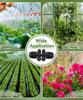 Collage of vegetable garden, greenhouse, field watering, and flower garden with Six Way Barbed Tee Quick Connectors Set on display