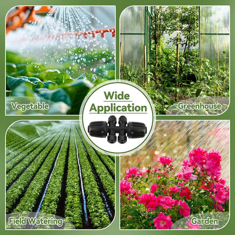 Collage of vegetable garden, greenhouse, field watering, and flower garden with Six Way Barbed Tee Quick Connectors Set on display