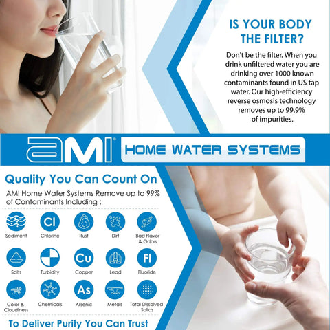 Heavy Duty Inline Carbon Water Filter For Smooth Sipping Tap And Reverse Osmosis With Quarter Inch Quick Connect Coconut Shell Cartridge That Kicks Out Chlorine And Chemical Flavors displayed with a woman drinking water.