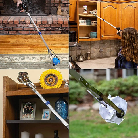 Collage showing 32 Inch Reacher Grabber Tool Set 2 Pack used indoors and outdoors for grabbing various items