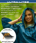 Woman wearing Ultra Lite 2 Reusable Waterproof Breathable Poncho For Everyday Rain Gear, blue, waterproof nonwoven material.