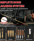 80 Piece Gun Cleaning Kit For Handguns Rifles Calibers.22.357.38 9mm.40.45 With Bronze Bore Brushes Brass Jags CLP Spray Needle Oiler Patches Swabs Bore Light Case On The Go Cleaning showing bore cleaning system with attachments