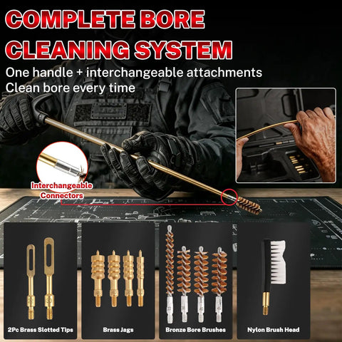 80 Piece Gun Cleaning Kit For Handguns Rifles Calibers.22.357.38 9mm.40.45 With Bronze Bore Brushes Brass Jags CLP Spray Needle Oiler Patches Swabs Bore Light Case On The Go Cleaning showing bore cleaning system with attachments