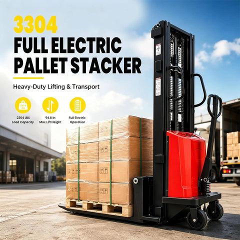 Heavy Hitting Electric Walkie Pallet Stacker With Strong 1.6 Kw Motor Plus Steel Frame Boasting Two Thousand Two Hundred Four Pound Capacity And Ninety Eight Inch Lift Height For Dock To Rack Yard Work in warehouse lifting pallets.