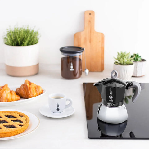 Induction Moka Pot That Just Works On Any Hob 4 Cup Espresso Maker 5.7 Oz Black Aluminum Upper With Stainless Steel Boiler