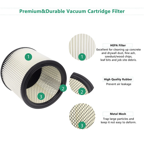HEPA Cartridge Replacement Filter Compatible With 90304 90350 90333 Models Fits Most 5 Gallon Plus Wet Dry Vacuum Cleaners 1 Pack