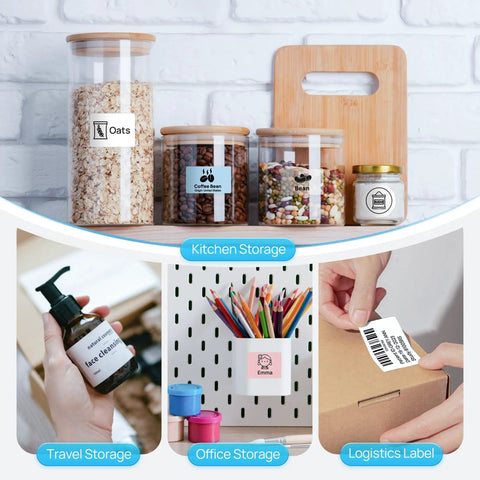Portable Bluetooth Label Printer With Tape For No Sweat Home Organization Seamless Mobile App Sync Smooth Vanilla Finish on labeled jars.