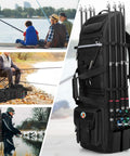 Fishing Rod Backpack Carrier For Eight Rods And Reels Heavy Duty Tackle Bag With Separate Compartments and Side Straps Shown Outdoors