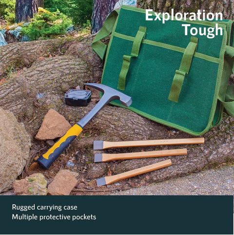 Geology Tools Kit With Musette Bag For Prospectors Includes Rock Pick Hammer Chisels Magnifying Glass And Durable Canvas Tool Bag