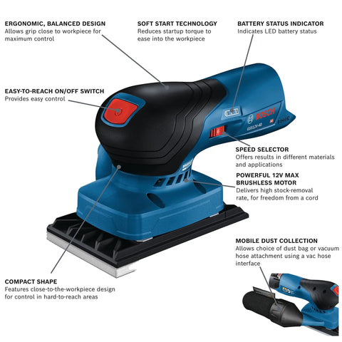12V Max Brushless Orbital Finishing Sander Cordless With Dust Bag Quarter Sheet And Third Sheet Bare Tool on white background