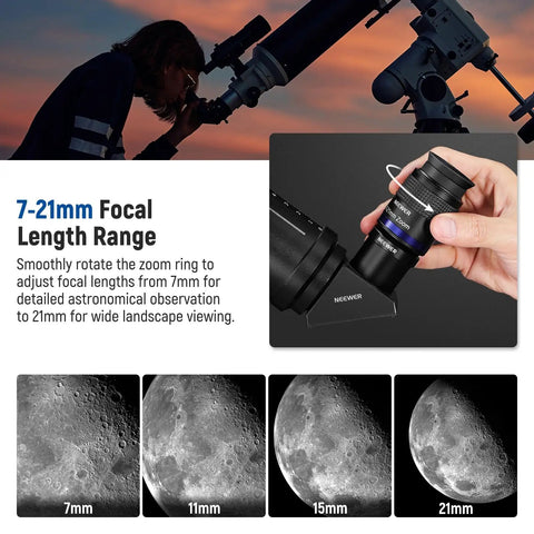 Zoom Telescope Eyepiece 7-21mm Focal Range For Astronomy, 15mm Eye Relief, hands adjusting eyepiece, lunar detail images