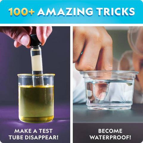 Science Magic Kit For Kids With 100 Plus Experiments And Magic Tricks shown with test tube and waterproof experiment.