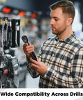 Man inspecting Smooth Operator 2 In 1 Drill Chuck Ratchet Spanner Universal Chuck Key Replacement Wrench in tool aisle.