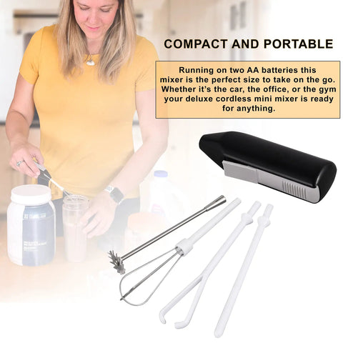Portable Mini Mixer With Four Attachments For Beating Eggs Whipping Cream Mixing Dressings And Frothing Drinks shown in black with attachments