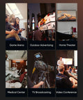 6-panel collage showing AV uses: game arena, outdoor ads, home theater, medical center, TV broadcasting, video meeting
