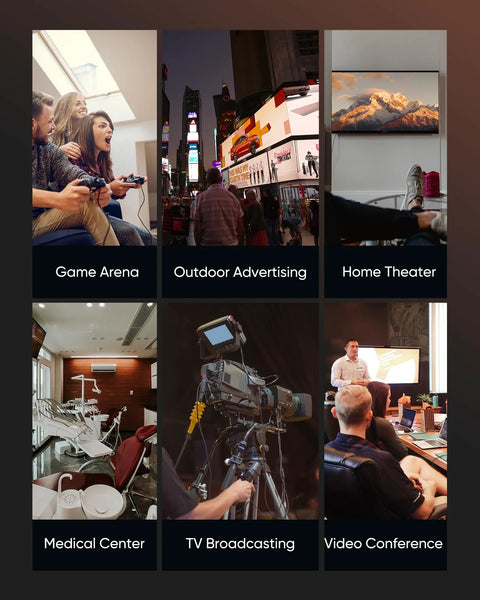 6-panel collage showing AV uses: game arena, outdoor ads, home theater, medical center, TV broadcasting, video meeting