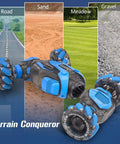 Sensing RC Stunt Car for Kids with 2.4GHz hand remote on road, sand, meadow, gravel surfaces; double-sided driving, blue design.