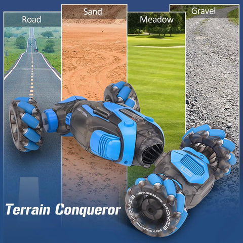 Sensing RC Stunt Car for Kids with 2.4GHz hand remote on road, sand, meadow, gravel surfaces; double-sided driving, blue design.