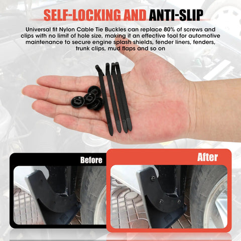 Hand holding 50Pcs Upgraded Nylon Cable Tie Buckle Universal Heavy Duty Self Locking Automotive Fasteners for bumper installation