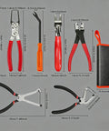 7 Piece Electrical Disconnect Pliers Set With Leather Case Auto Connector Removal Kit showing eight tools with dimensions