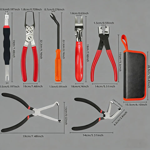 7 Piece Electrical Disconnect Pliers Set With Leather Case Auto Connector Removal Kit showing eight tools with dimensions
