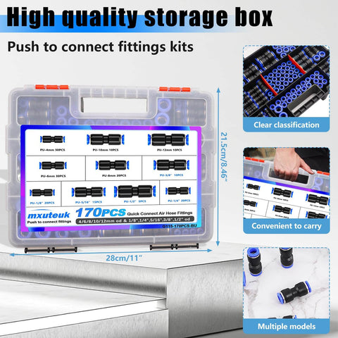 170-Piece Quick Connect Air Hose Fittings Kit With 1/8, 1/4, 5/16, 3/8, 1/2 Inch And 4, 6, 8, 10, 12 Mm Straight Push To Connect Pneumatic Fittings, Quick Release Air Line Fittings For Air Compressors And DIY Projects in a storage box