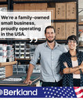 Two people in a warehouse with Berkland logo and USA flag in foreground, showcasing a family-owned small business in the USA.
