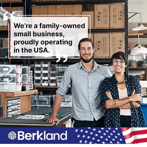 Two people in a warehouse with Berkland logo and USA flag in foreground, showcasing a family-owned small business in the USA.