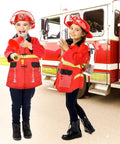 Kids wearing Kid Friendly Firefighter Dress Up Costume Set With 13 Pieces Pretend Play Gear Including Helmet Extinguisher Walkie Talkie Bullhorn Axe Pry Bar Badge And More For Boys And Girls.