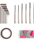 148 Piece General Household Tool Set With Pink Plastic Toolbox Storage Case For DIY Home Repairs And Craft Projects Includes Durable Heat Treated Hand Tools shown with screwdrivers, L-keys, and hardware.