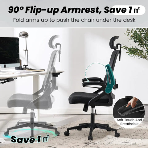 Ergonomic Office Chair With 400 Lb Weight Capacity, Ultra Comfy, Adjustable Lumbar Support, breathable mesh, flip-up armrests