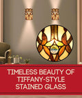 Two Light Tiffany Style Wall Lamp With Stained Glass In Brown Yellow Red Dope Vintage Vibe For Bedroom Or Living Room Ten Inch Wide And Thirteen Point Five Inch Tall Up And Down Lighting Gift Idea