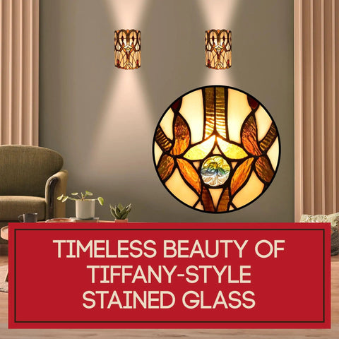 Two Light Tiffany Style Wall Lamp With Stained Glass In Brown Yellow Red Dope Vintage Vibe For Bedroom Or Living Room Ten Inch Wide And Thirteen Point Five Inch Tall Up And Down Lighting Gift Idea