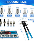11 Inch Hand Rivet Nut Gun Kit with 5 Mandrels M3 M4 M5 M6 M8 and 80 Rivet Nuts shown with components and measurements