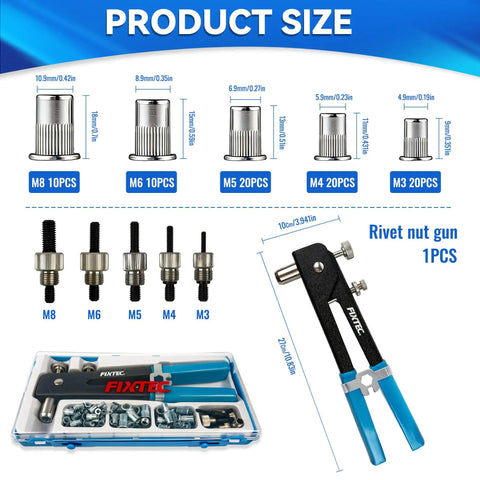 11 Inch Hand Rivet Nut Gun Kit with 5 Mandrels M3 M4 M5 M6 M8 and 80 Rivet Nuts shown with components and measurements