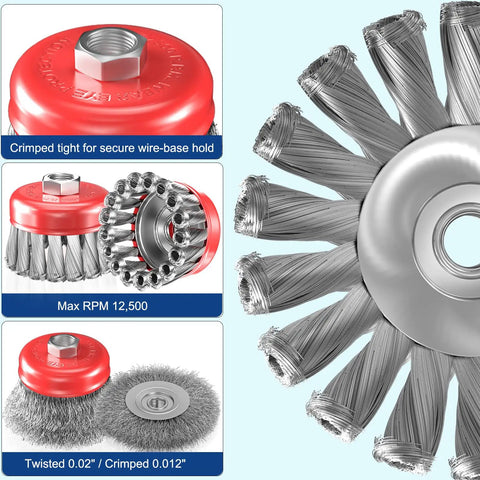 Four Piece Wire Wheel Brush Set For Four And A Half Inch Grinders With Five Eighths Inch Eleven UNC Threaded Arbor Knotted And Crimped Cup Wheels
