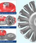 Close-up of a 7 Piece Wire Wheel Brush Set for 4.5 Inch Angle Grinders with 5 8 UNC Threaded Arbor, showing knotted and crimped wheels.