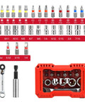 Ratcheting Screwdriver Bit And Socket Set with magnetic bits, 1/4 inch hex, 6 point sockets, and 72-tooth ratchet in red case.