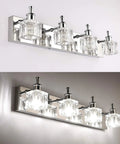 Crystal 4 Light Bathroom Vanity Fixture Chrome Finish LED Wall Mount Over Mirror Lighting That Pops Modern Bath Glow Waterproof Rustproof Glass Lampshades For A Spa Like Vibe displayed on wall.
