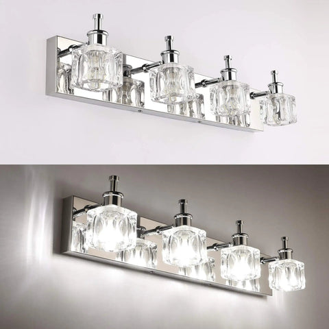Crystal 4 Light Bathroom Vanity Fixture Chrome Finish LED Wall Mount Over Mirror Lighting That Pops Modern Bath Glow Waterproof Rustproof Glass Lampshades For A Spa Like Vibe displayed on wall.