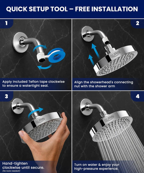 Installation guide for High Pressure 6 Inch Rainfall Shower Head With Adjustable Angles 90 Anti Clog Nozzles, chrome finish.