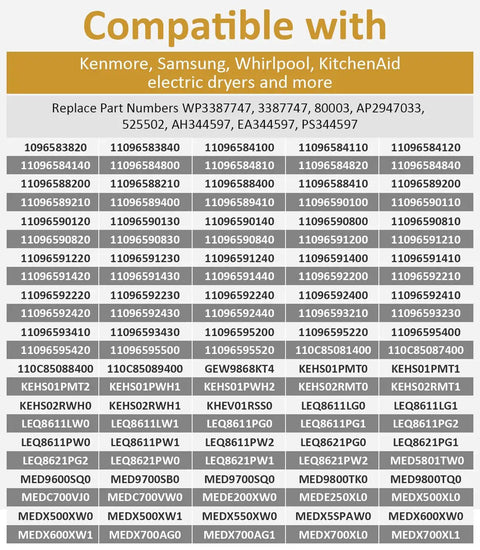 Compatibility chart for 5400 Watt 240 Volt Dryer Heating Element Replacement For Major Brands Like Kenmore Amana Jenn Air Magic Chef Maytag AP6008281 3387747 Non OEM Replacement Part