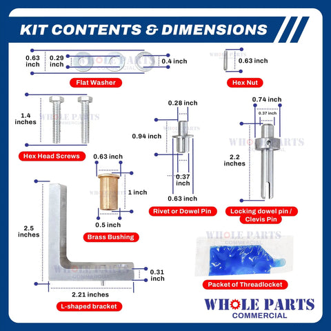 Image of Top Door Hinge Assembly Kit 870865 Replacement For Commercial Refrigerator And Freezer Fits Models G4SM GDM T TC TH TR TS Series Easy Install Durable Hinges For Pro Kitchens showing components including washers, screws, brass bushing, and L-shaped bracket with dimensions.