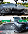 4 Pack Universal Disposable Car Covers Waterproof Plastic Car Cover For Outdoors Weather Protection Elastic Hem Fit For Sedans SUVs And Cars Size Large covers sedan front, side, rear views outdoors.